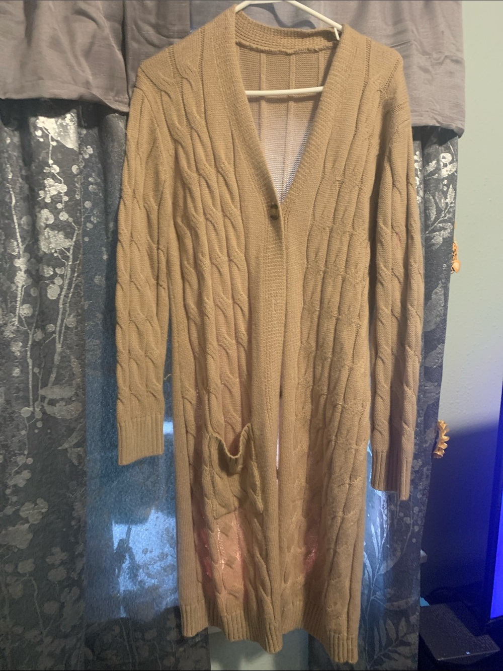 Long Cable Knit Open Cardigan in Camel